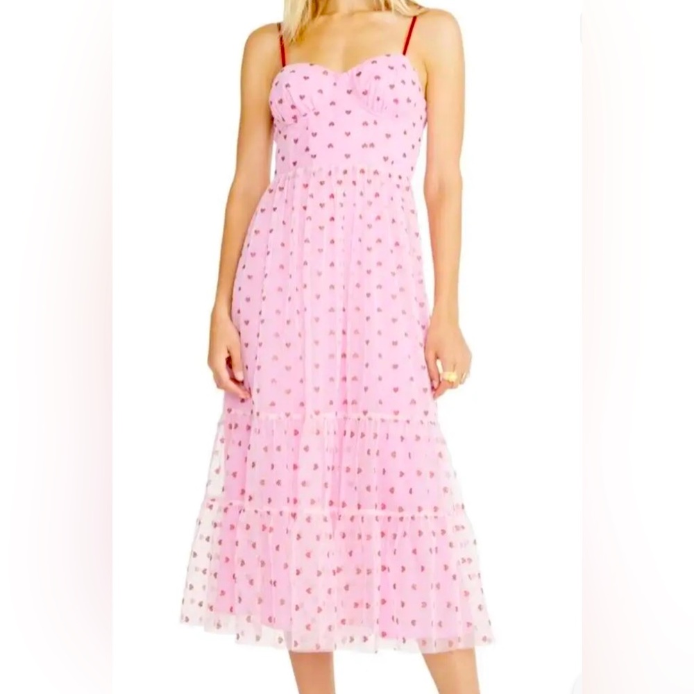 Betsy Johnson Valentine’s Pink Mesh and Red Metallic Hearts Midi Dress, Size 2